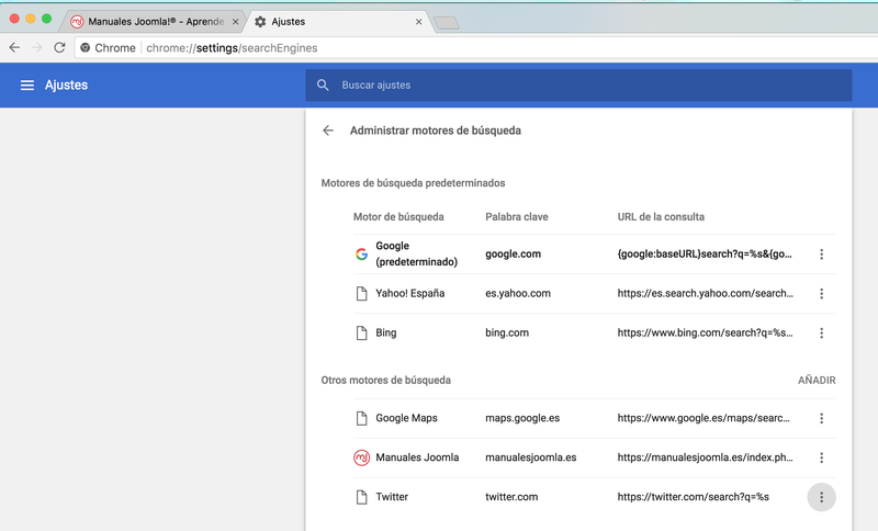Captura de pantalla de la gestión de motores de búsqueda en Google Chrome para añadir las búsquedas en nuestro sitio con OpenSearch